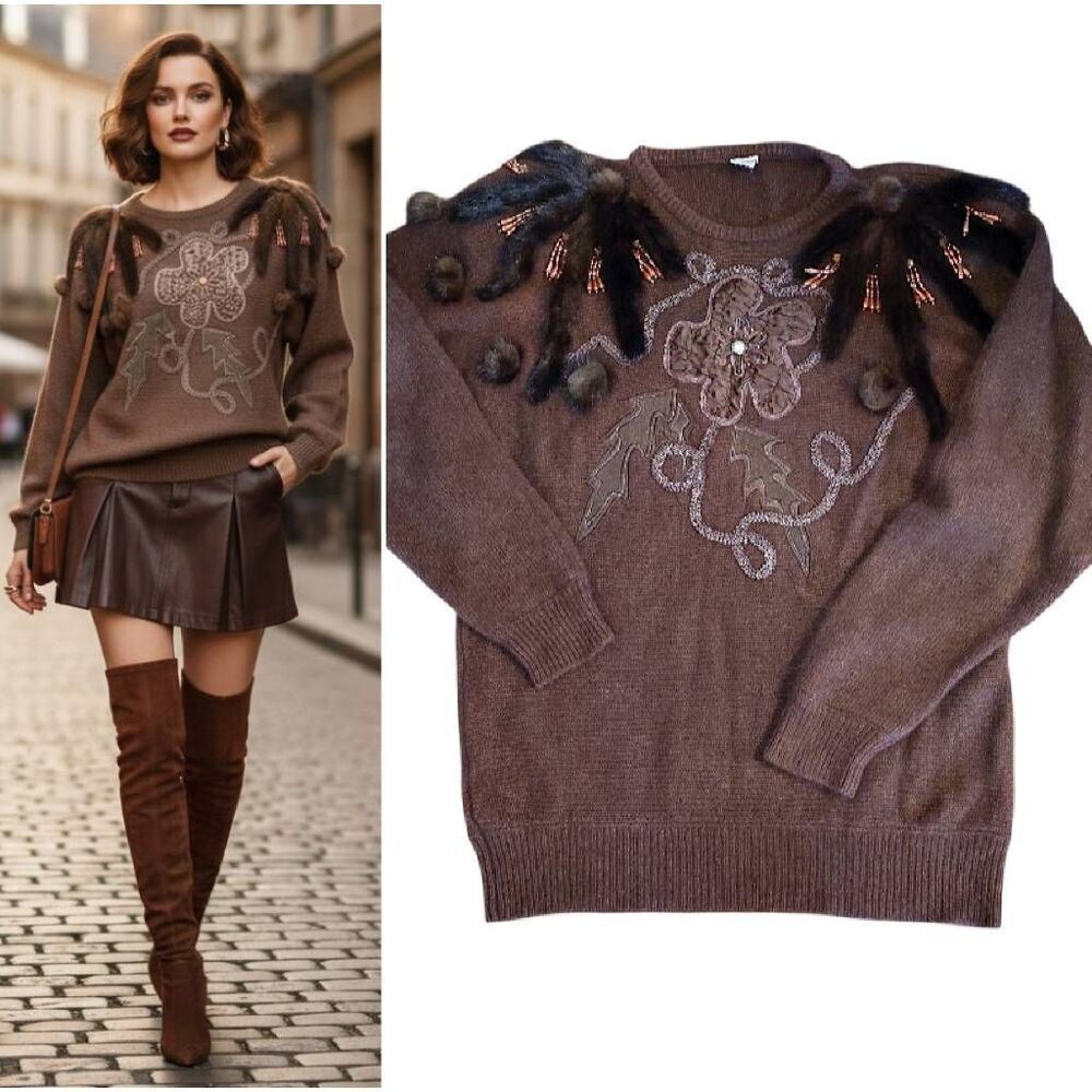 VTG 80s Brown Fuzzy Angora Fur Embellished Beaded Sweater Oversized‎ Medium
